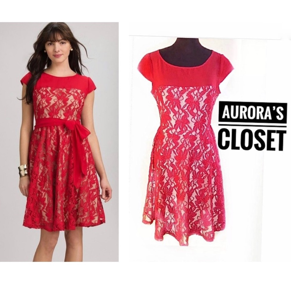 Julian Taylor 8P Red Lace Fit Flare Dress Chiffon Lace Nude A Line
